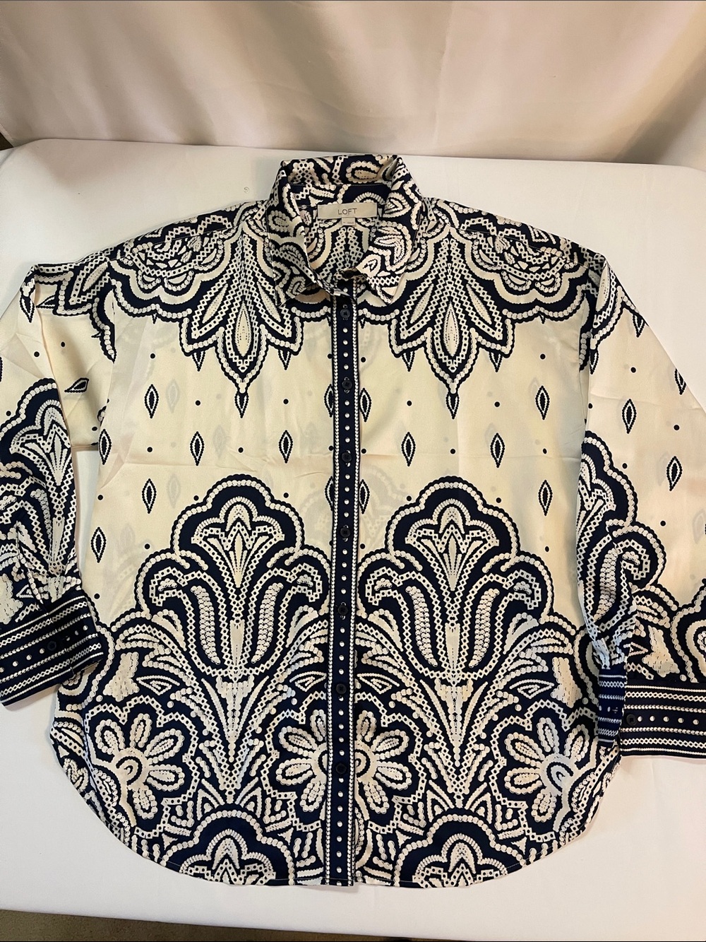 LOFT Navy and White Printed Button-Down Shirt